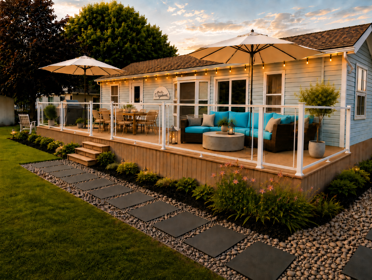 Spacious cottage deck with outdoor lounge, dining area, and string lights at sunset